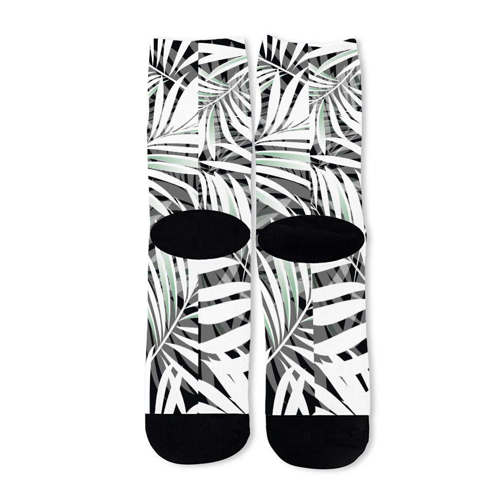 Black White Tropical Leaf Pattern Print Long Socks