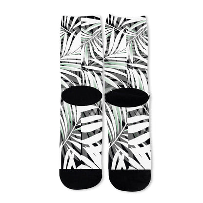 Black White Tropical Leaf Pattern Print Long Socks