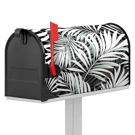 Black White Tropical Leaf Pattern Print Mailbox Cover