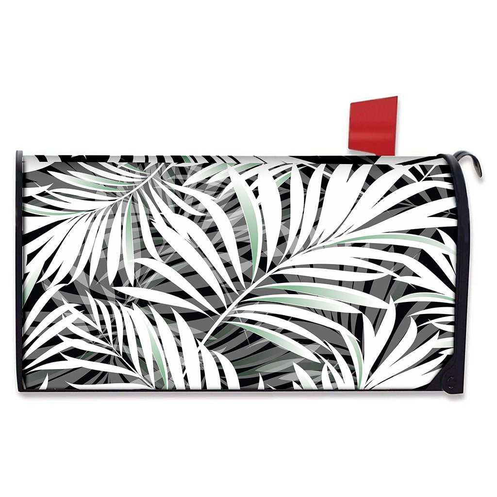 Black White Tropical Leaf Pattern Print Mailbox Cover