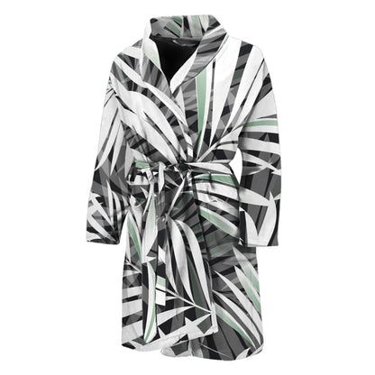 Black White Tropical Leaf Pattern Print Men's Bathrobe
