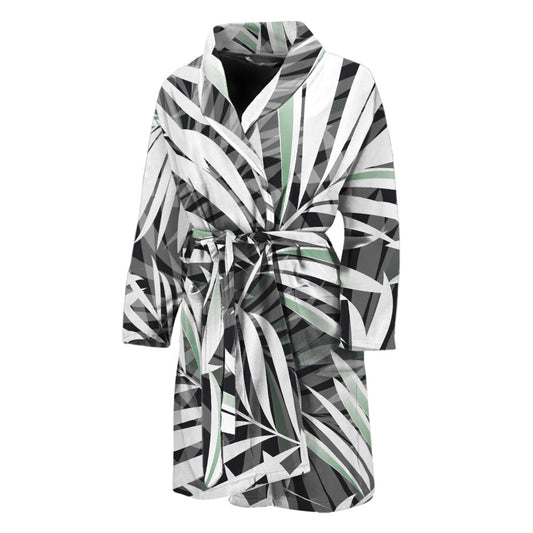 Black White Tropical Leaf Pattern Print Men's Bathrobe