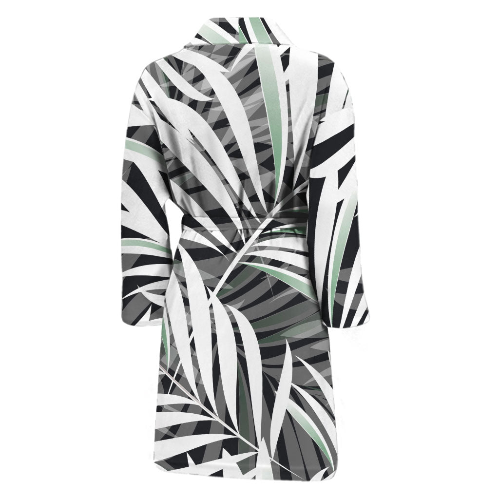 Black White Tropical Leaf Pattern Print Men's Bathrobe