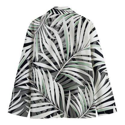 Black White Tropical Leaf Pattern Print Men's Blazer