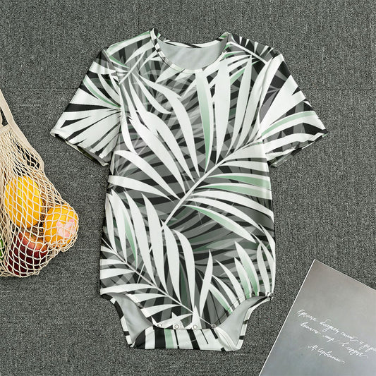 Black White Tropical Leaf Pattern Print Men's Bodysuit