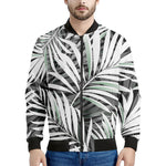 Black White Tropical Leaf Pattern Print Men's Bomber Jacket