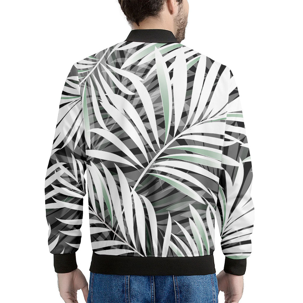 Black White Tropical Leaf Pattern Print Men's Bomber Jacket