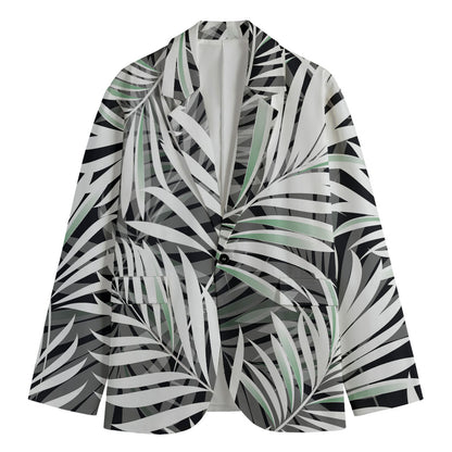 Black White Tropical Leaf Pattern Print Men's Cotton Blazer