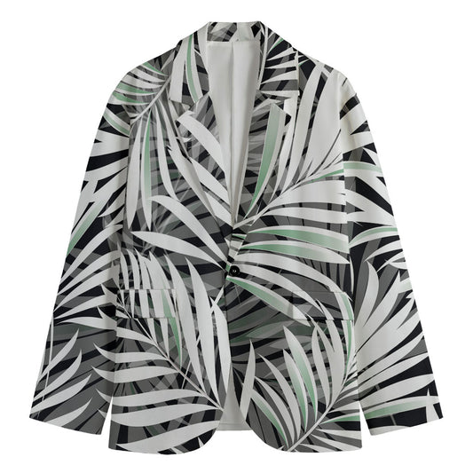 Black White Tropical Leaf Pattern Print Men's Cotton Blazer