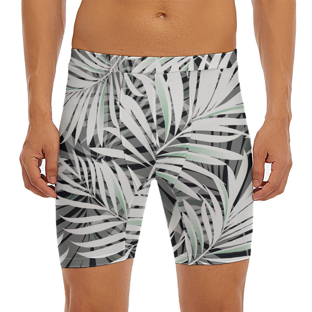 Black White Tropical Leaf Pattern Print Men's Long Boxer Briefs