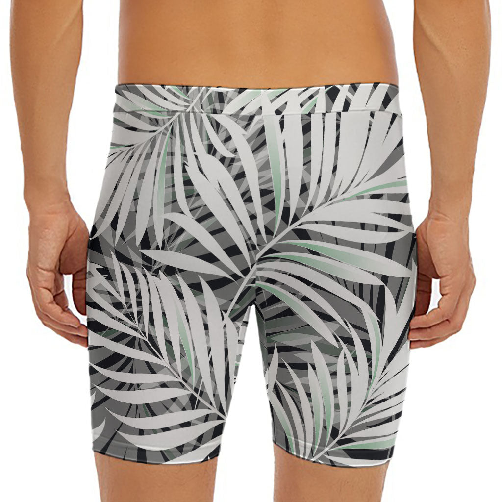 Black White Tropical Leaf Pattern Print Men's Long Boxer Briefs