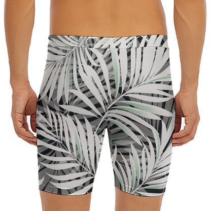 Black White Tropical Leaf Pattern Print Men's Long Boxer Briefs