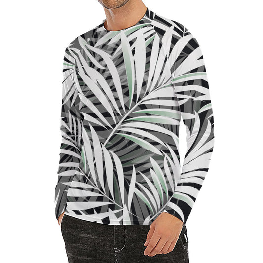 Black White Tropical Leaf Pattern Print Men's Long Sleeve Rash Guard
