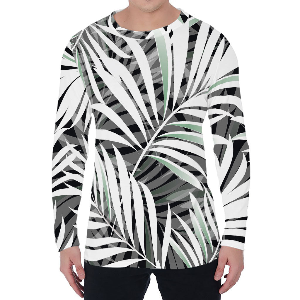 Black White Tropical Leaf Pattern Print Men's Long Sleeve T-Shirt