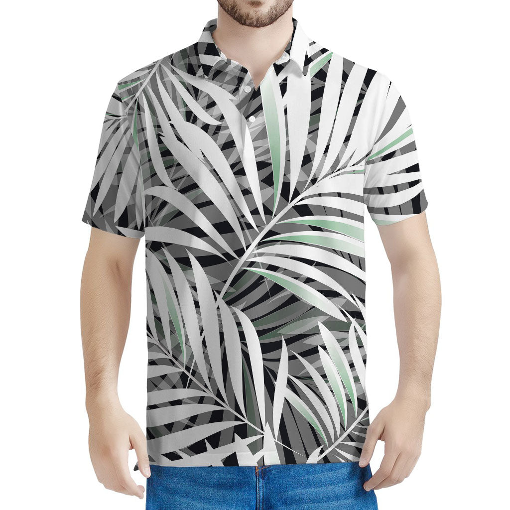 Black White Tropical Leaf Pattern Print Men's Polo Shirt