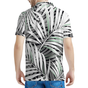 Black White Tropical Leaf Pattern Print Men's Polo Shirt