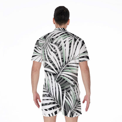 Black White Tropical Leaf Pattern Print Men's Rompers
