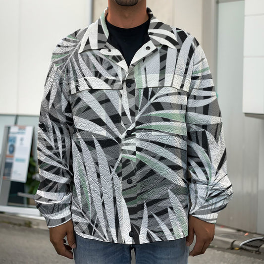 Black White Tropical Leaf Pattern Print Men's Shirt Jacket