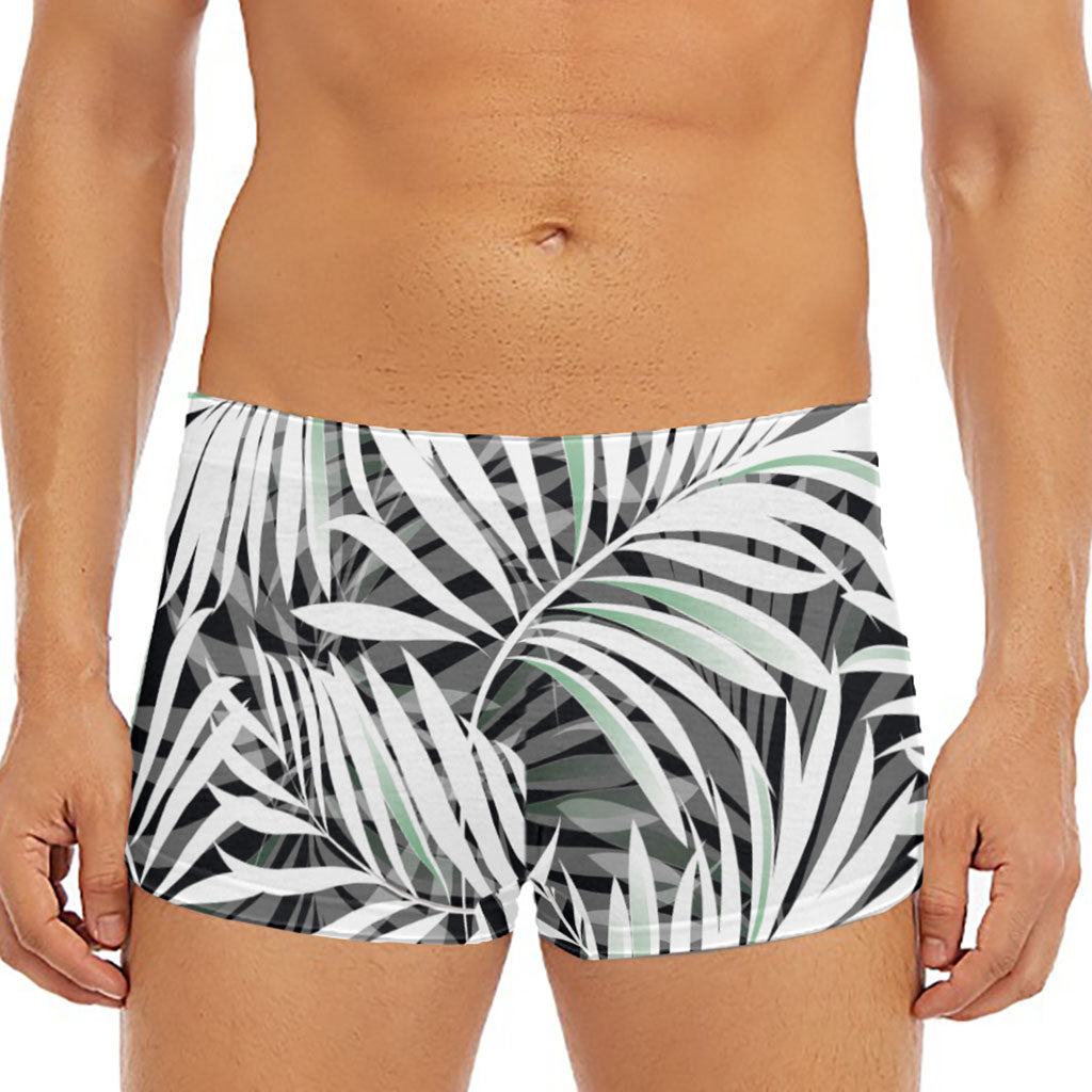 Black White Tropical Leaf Pattern Print Men's Short Boxer Briefs
