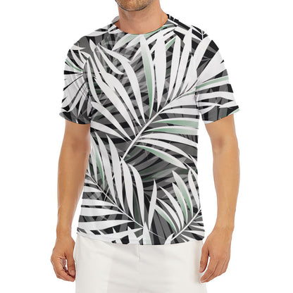 Black White Tropical Leaf Pattern Print Men's Short Sleeve Rash Guard