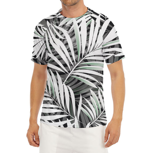 Black White Tropical Leaf Pattern Print Men's Short Sleeve Rash Guard