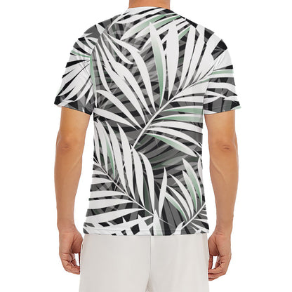 Black White Tropical Leaf Pattern Print Men's Short Sleeve Rash Guard