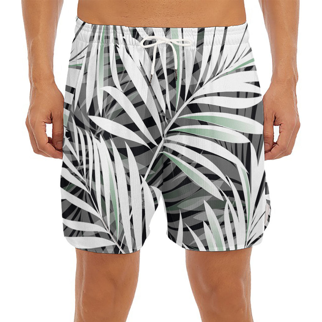 Black White Tropical Leaf Pattern Print Men's Split Running Shorts