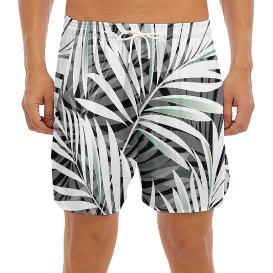 Black White Tropical Leaf Pattern Print Men's Split Running Shorts