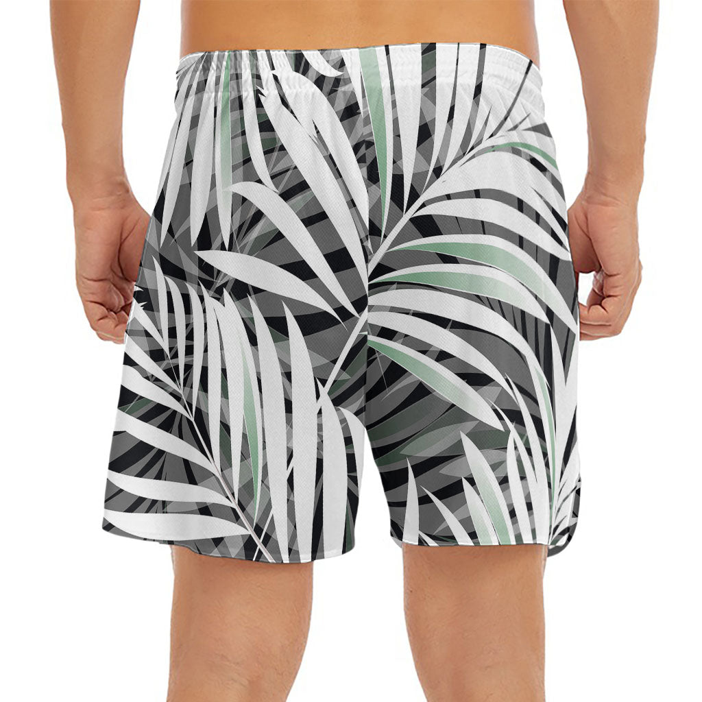 Black White Tropical Leaf Pattern Print Men's Split Running Shorts