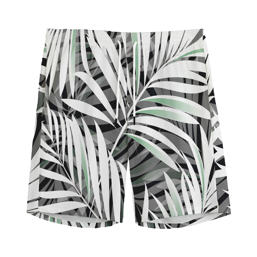 Black White Tropical Leaf Pattern Print Men's Sports Shorts