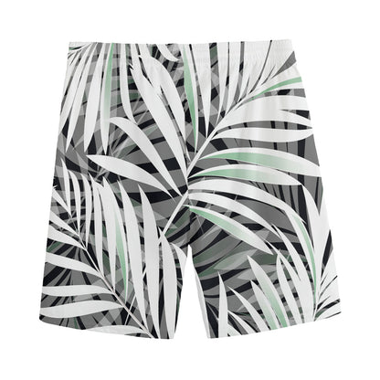 Black White Tropical Leaf Pattern Print Men's Sports Shorts