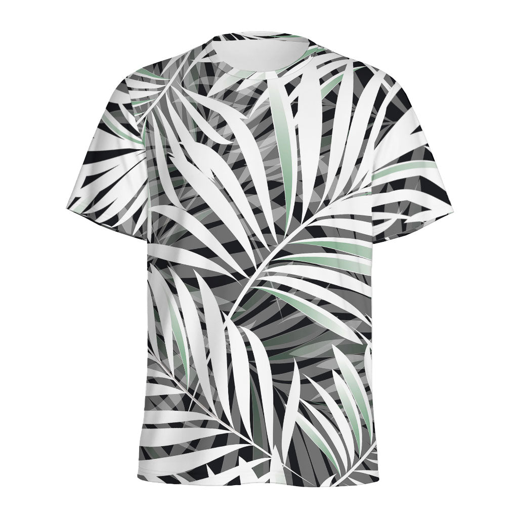 Black White Tropical Leaf Pattern Print Men's Sports T-Shirt