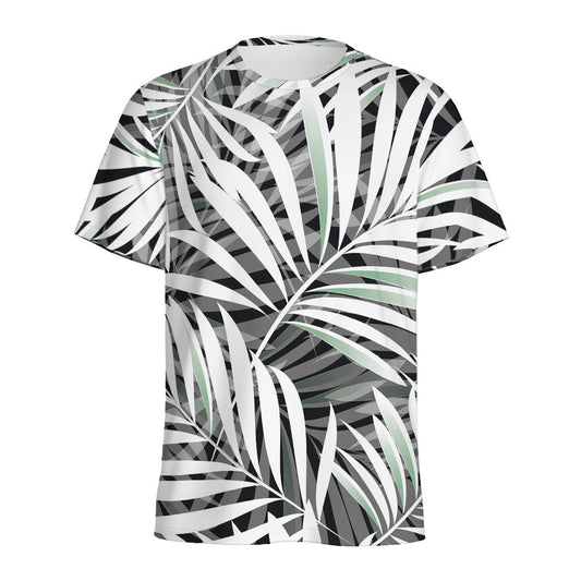 Black White Tropical Leaf Pattern Print Men's Sports T-Shirt