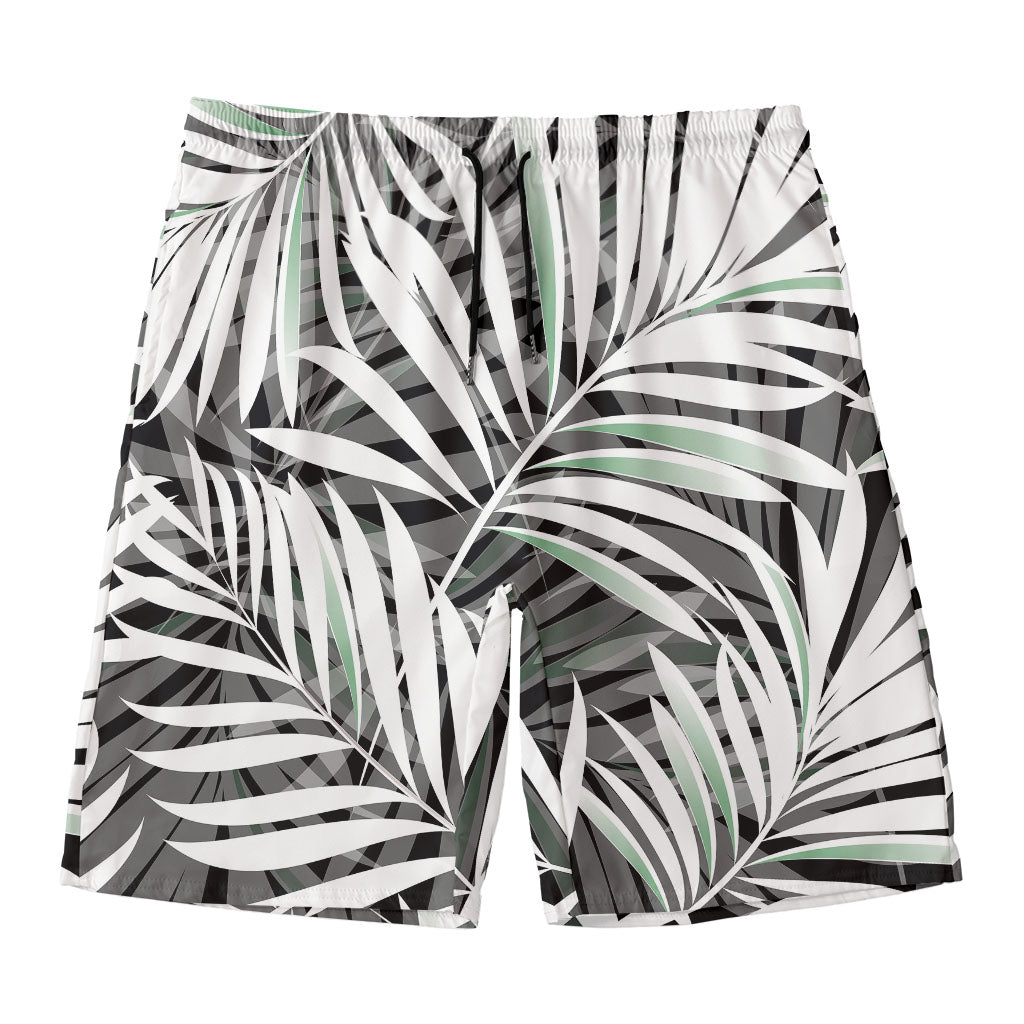 Black White Tropical Leaf Pattern Print Men's Swim Trunks