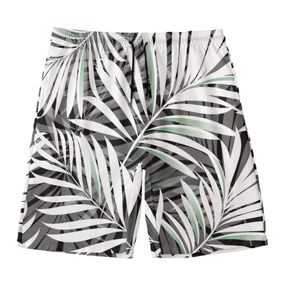 Black White Tropical Leaf Pattern Print Men's Swim Trunks