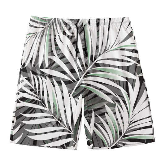 Black White Tropical Leaf Pattern Print Men's Swim Trunks