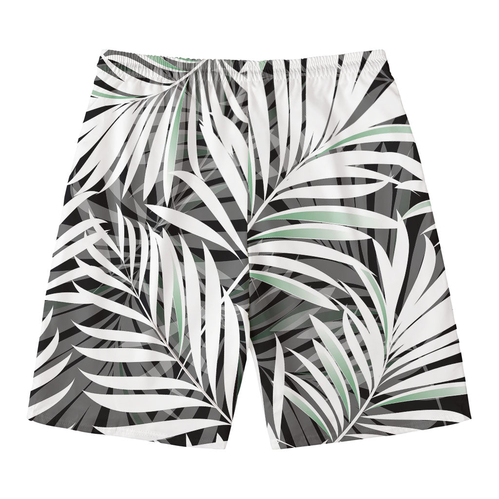Black White Tropical Leaf Pattern Print Men's Swim Trunks