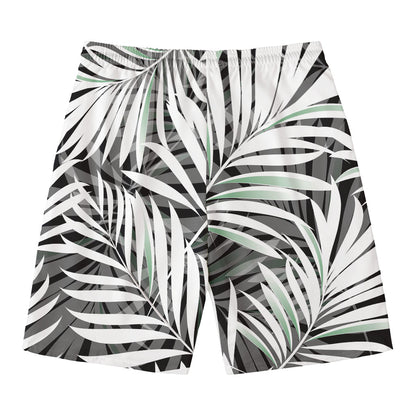 Black White Tropical Leaf Pattern Print Men's Swim Trunks