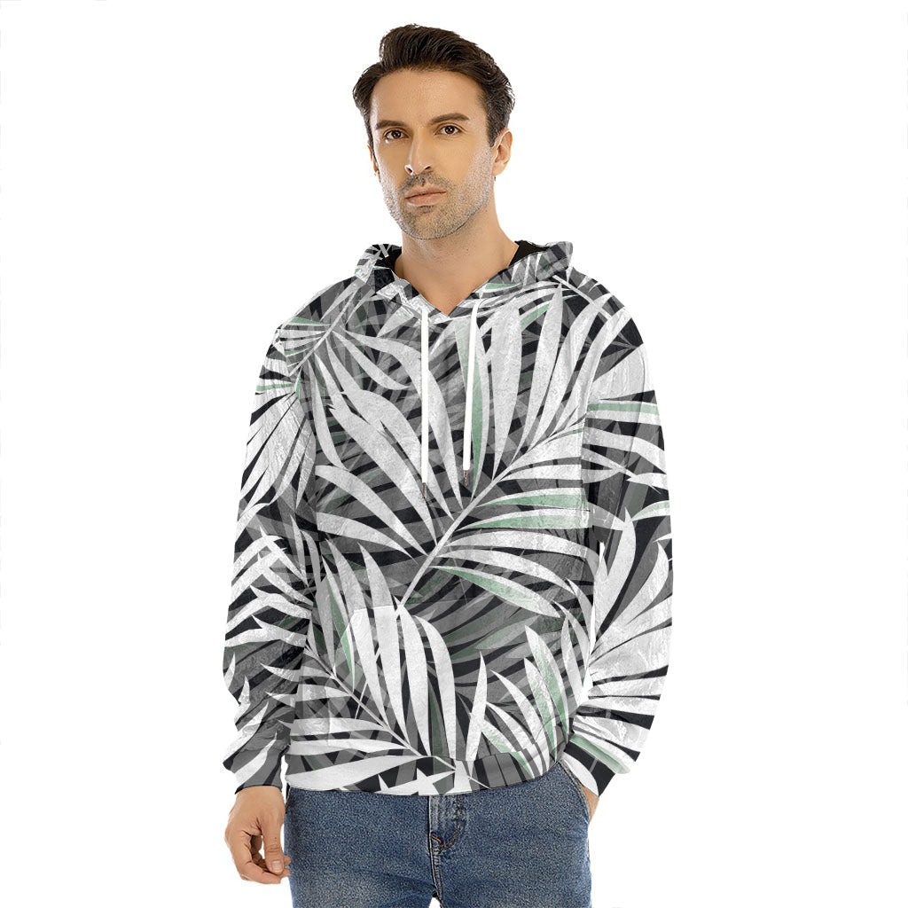 Black White Tropical Leaf Pattern Print Men's Velvet Pullover Hoodie