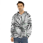 Black White Tropical Leaf Pattern Print Men's Velvet Pullover Hoodie