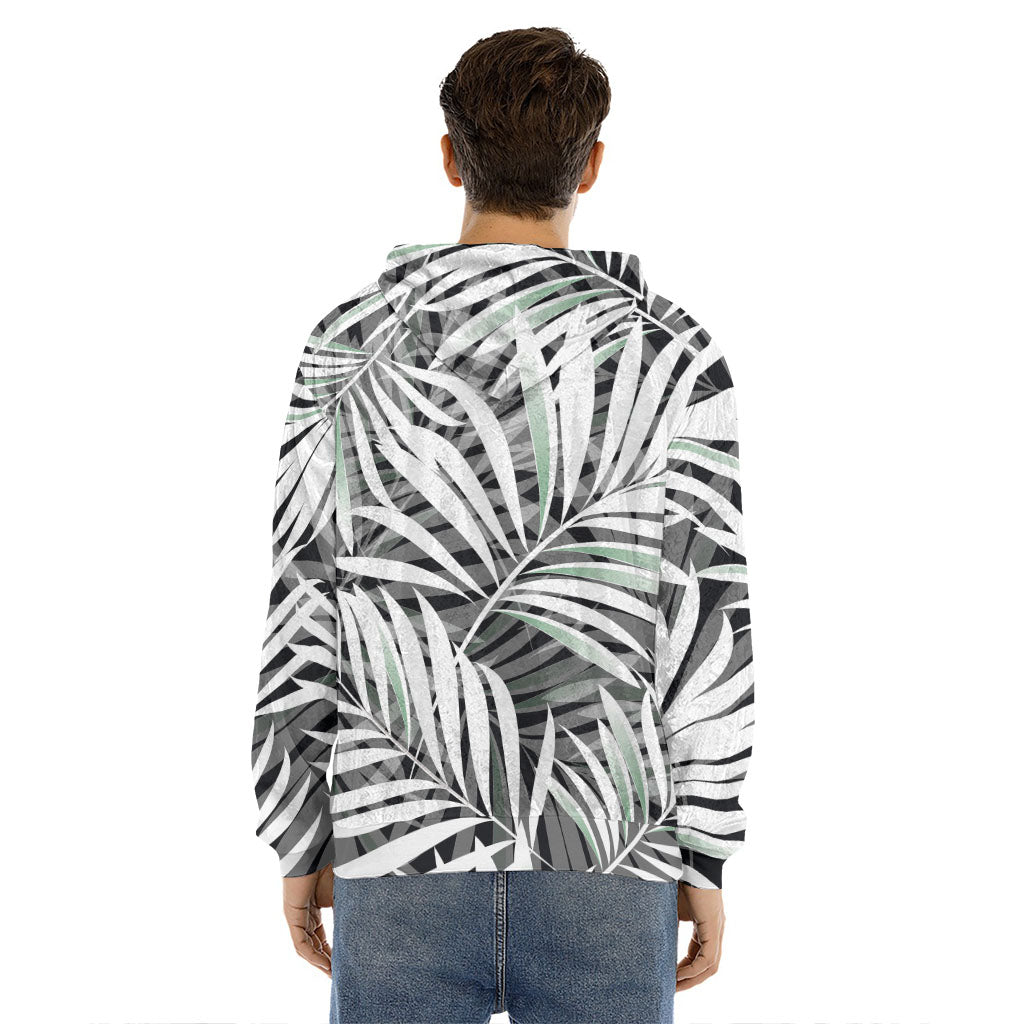 Black White Tropical Leaf Pattern Print Men's Velvet Pullover Hoodie