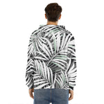 Black White Tropical Leaf Pattern Print Men's Velvet Pullover Hoodie