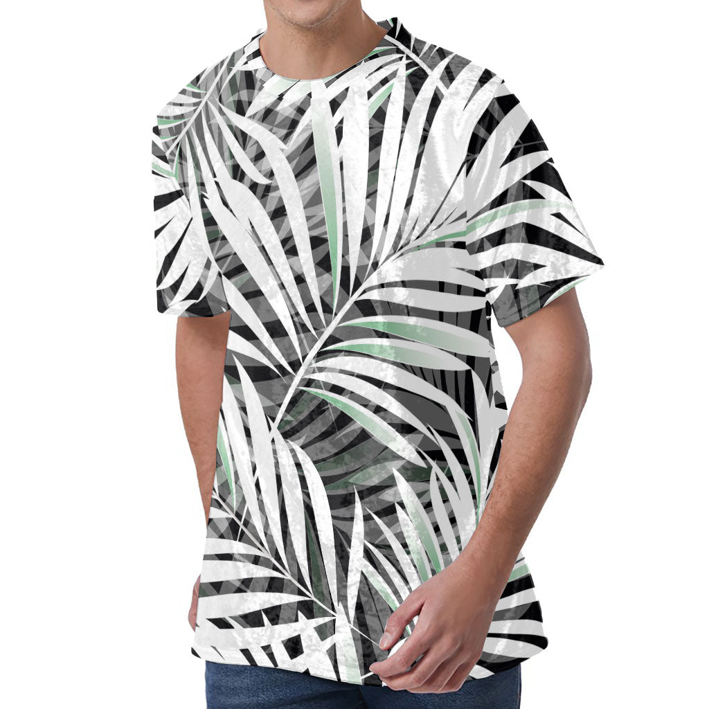 Black White Tropical Leaf Pattern Print Men's Velvet T-Shirt