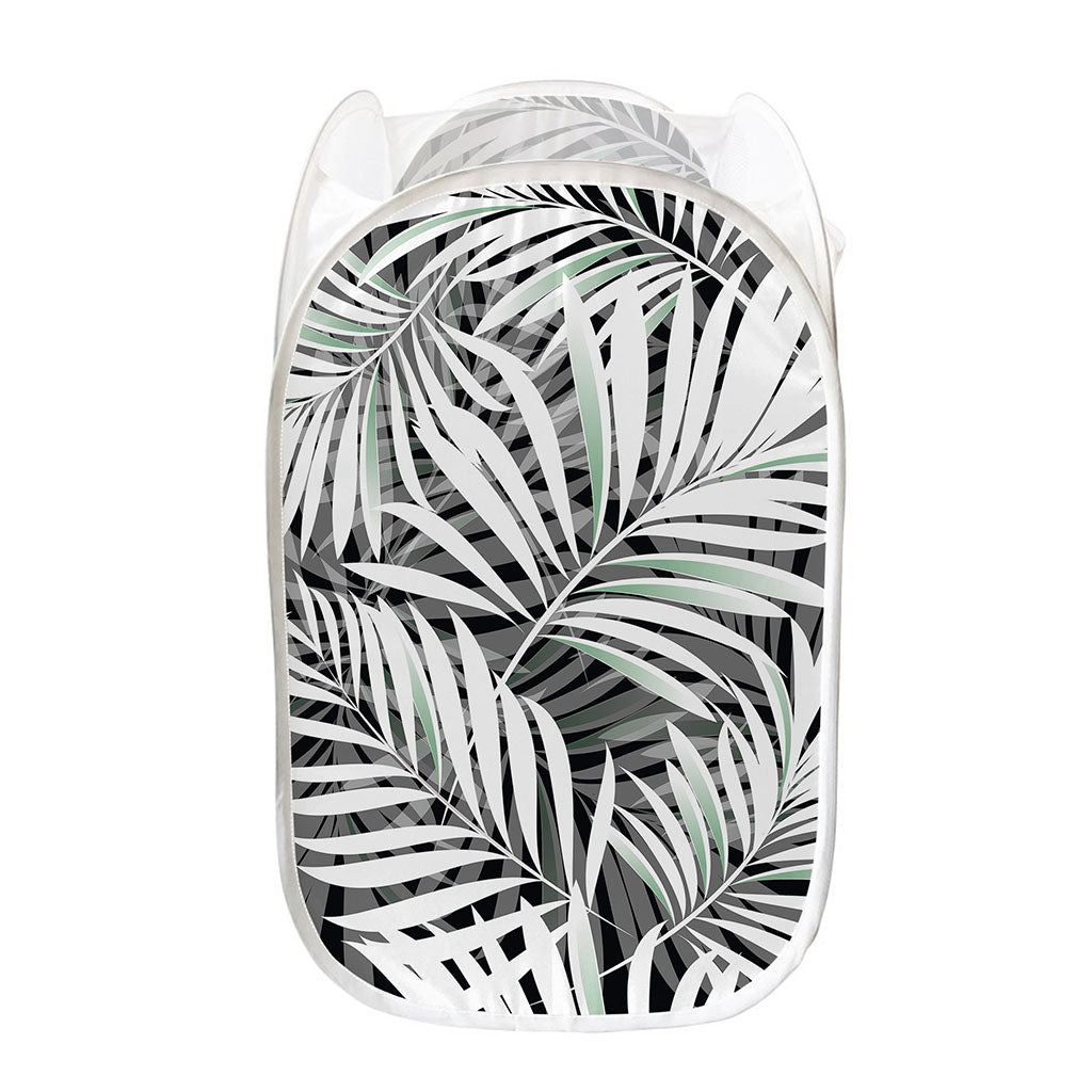 Black White Tropical Leaf Pattern Print Mesh Laundry Hamper