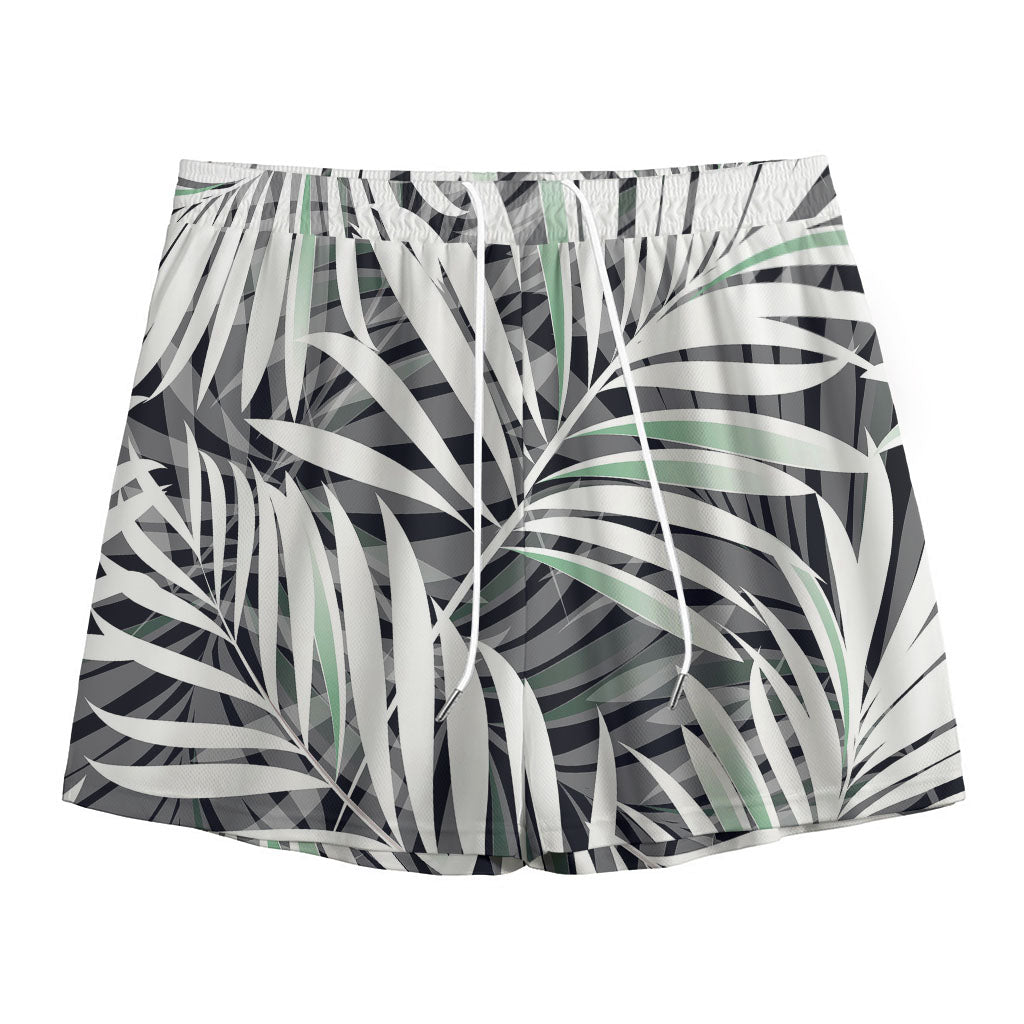 Black White Tropical Leaf Pattern Print Mesh Shorts
