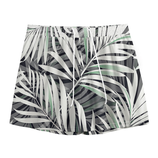 Black White Tropical Leaf Pattern Print Mesh Shorts