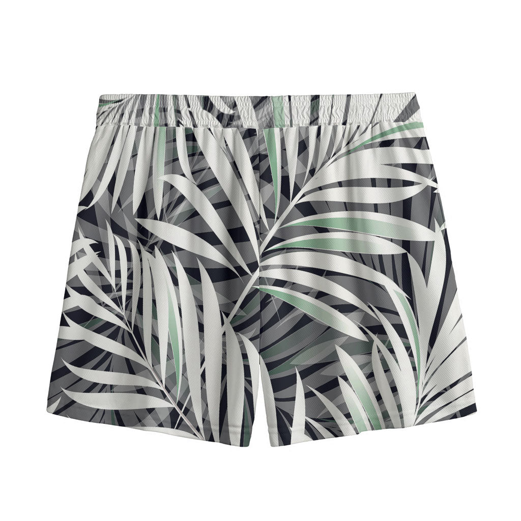 Black White Tropical Leaf Pattern Print Mesh Shorts