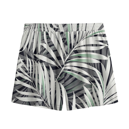 Black White Tropical Leaf Pattern Print Mesh Shorts