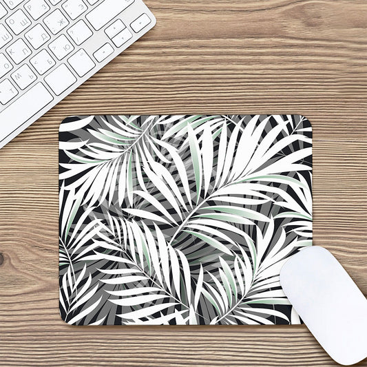 Black White Tropical Leaf Pattern Print Mouse Pad