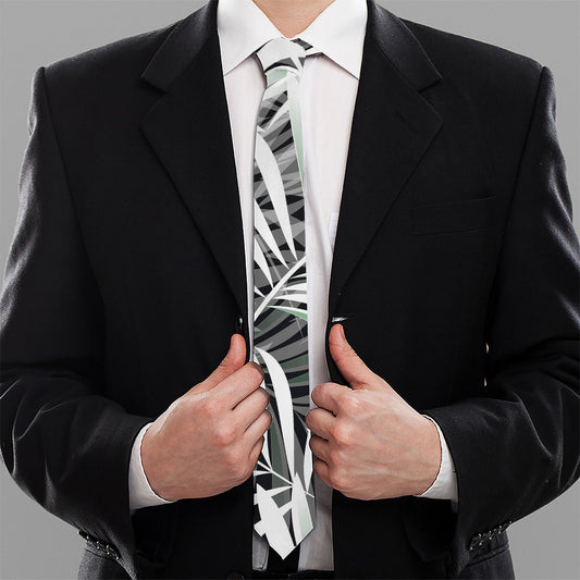 Black White Tropical Leaf Pattern Print Necktie